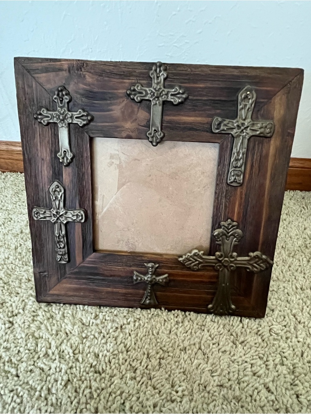 Wooden Cross Accent Photo Frame - Dark Brown with Bronze Crosses